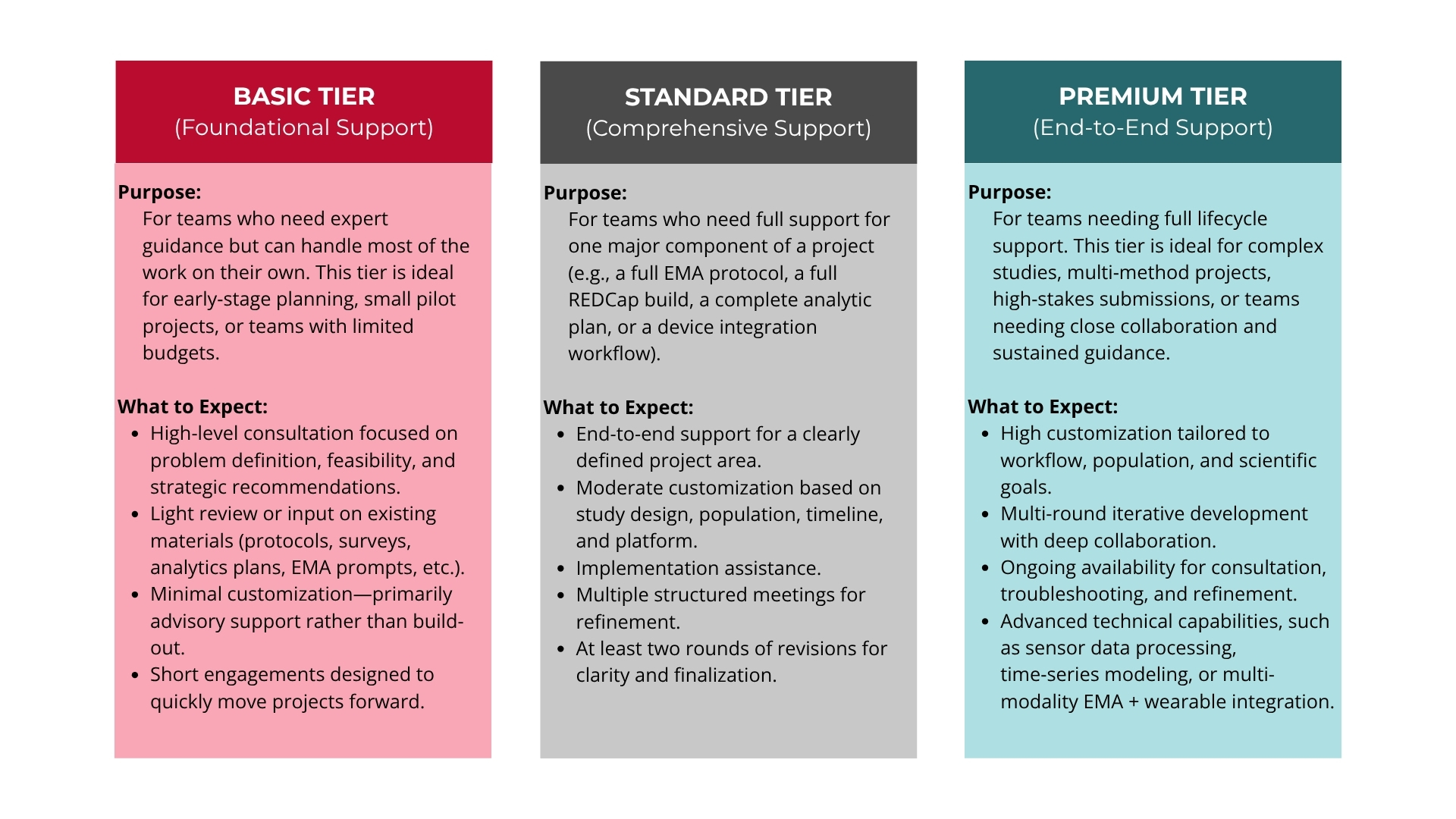 A three-column comparison chart outlines Basic, Standard, and Premium support tiers for project assistance. 