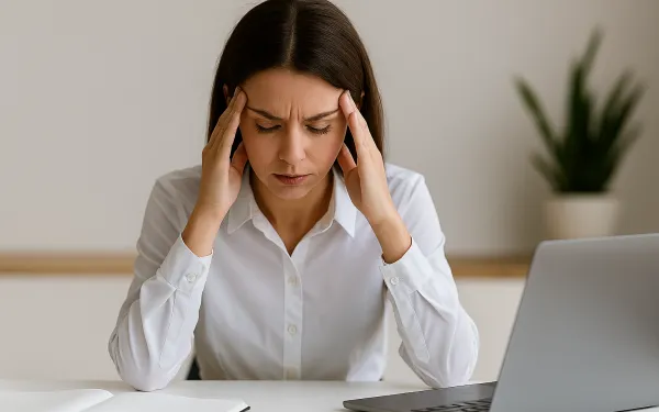 Photograph of a person sitting at a desk with a laptop and open notebook, holding their head with both hands, suggesting stress or frustration.