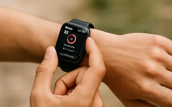 Photograph of a person interacting with a smartwatch displaying a stress monitoring app. 